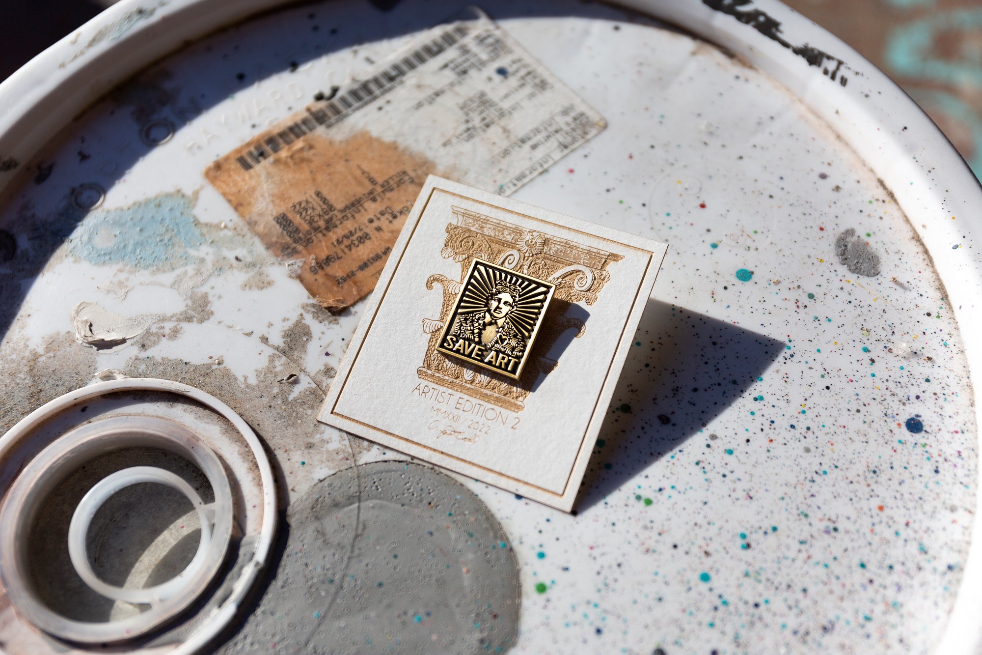 "Save Art" Stamped Bronze Pin