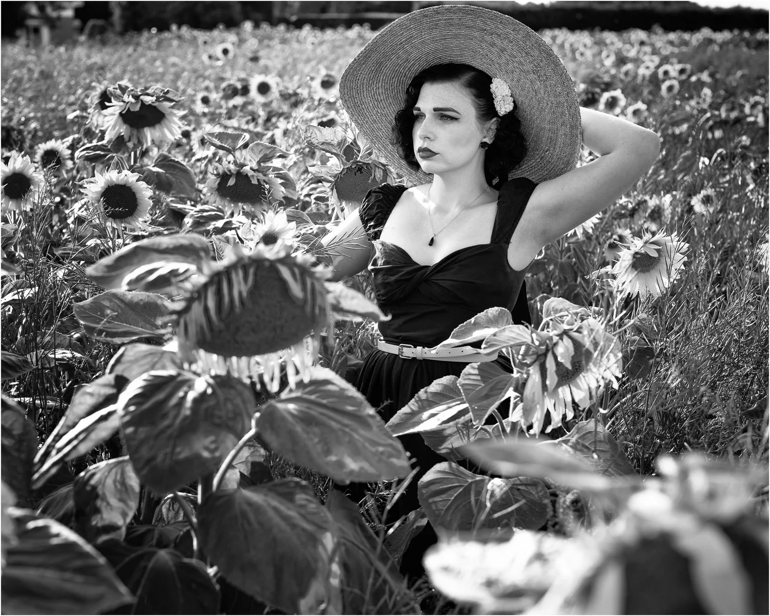 Black and white photo of a model in a straw hat among sunflowers