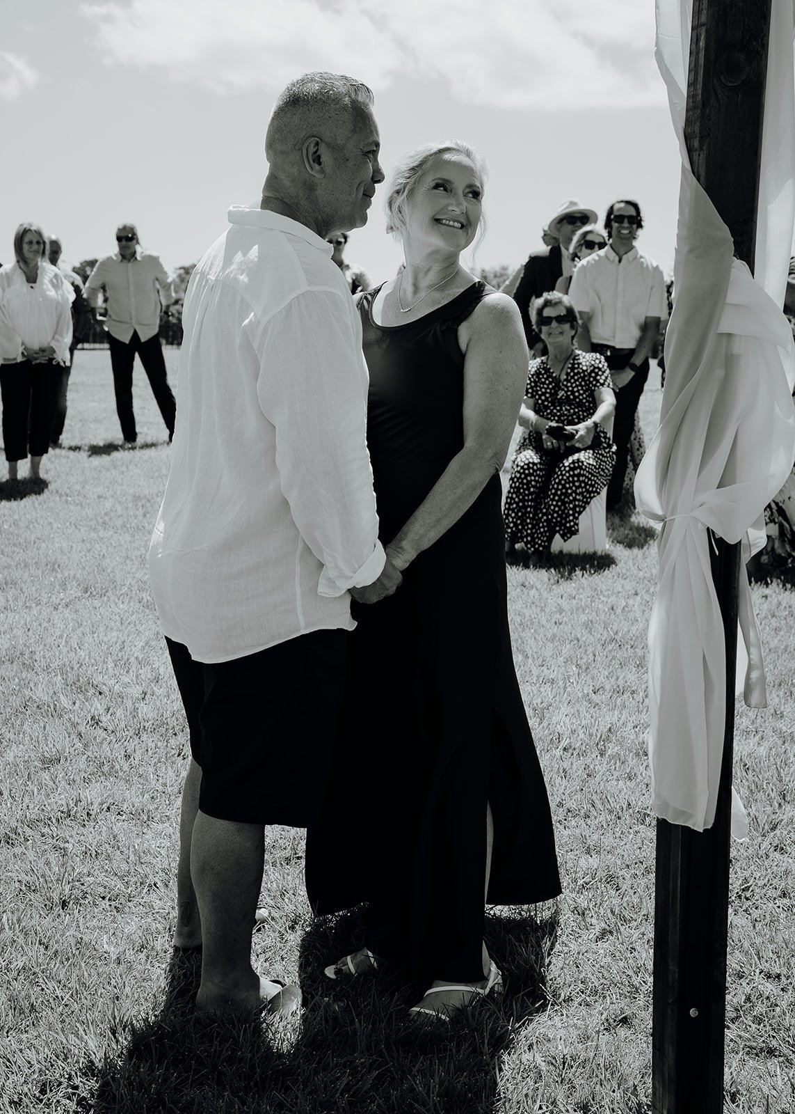 Black and white photo of Raewyn and Shane after their vows