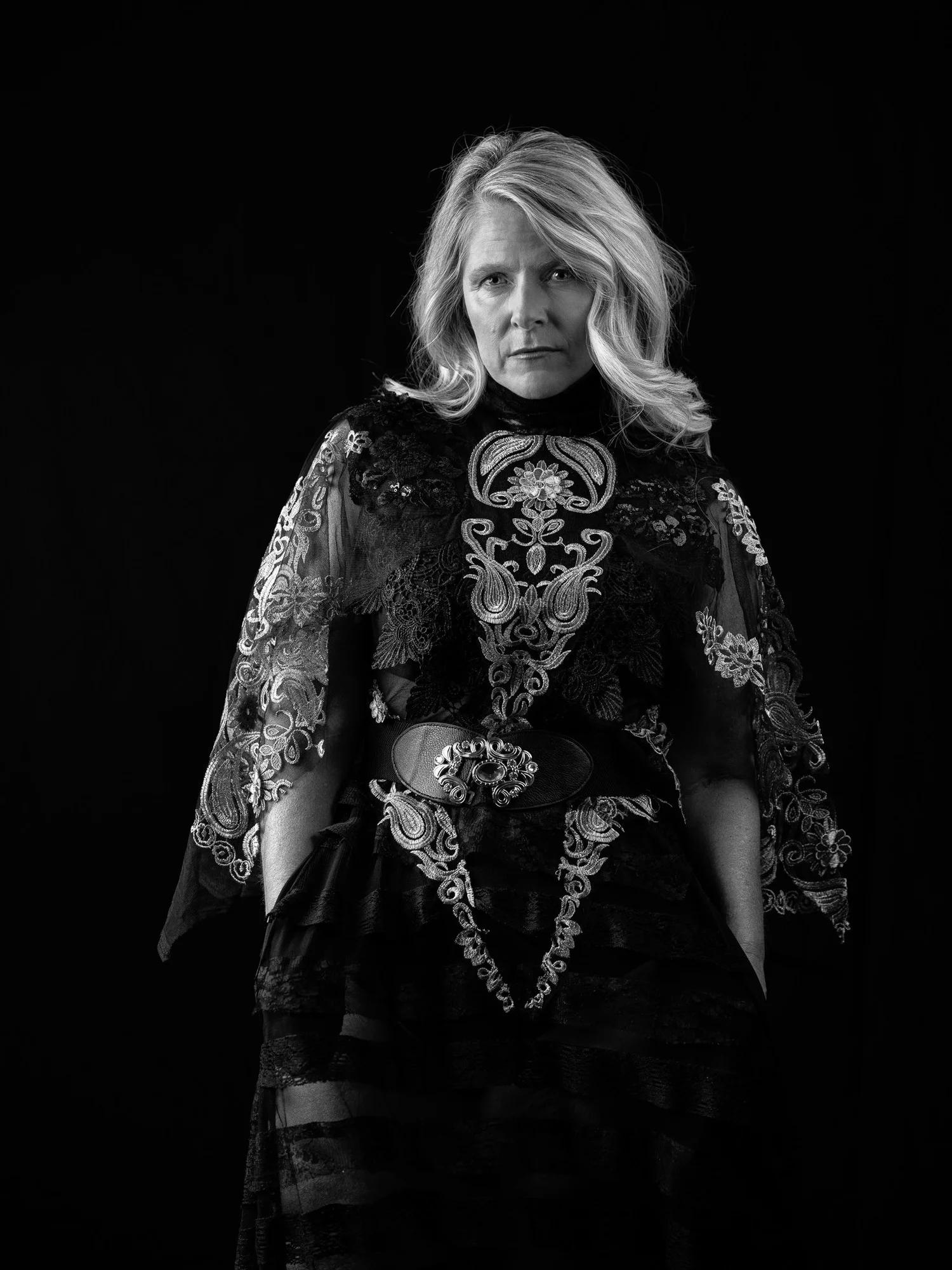 Black and white photo of Ivanka in an embroidered gown