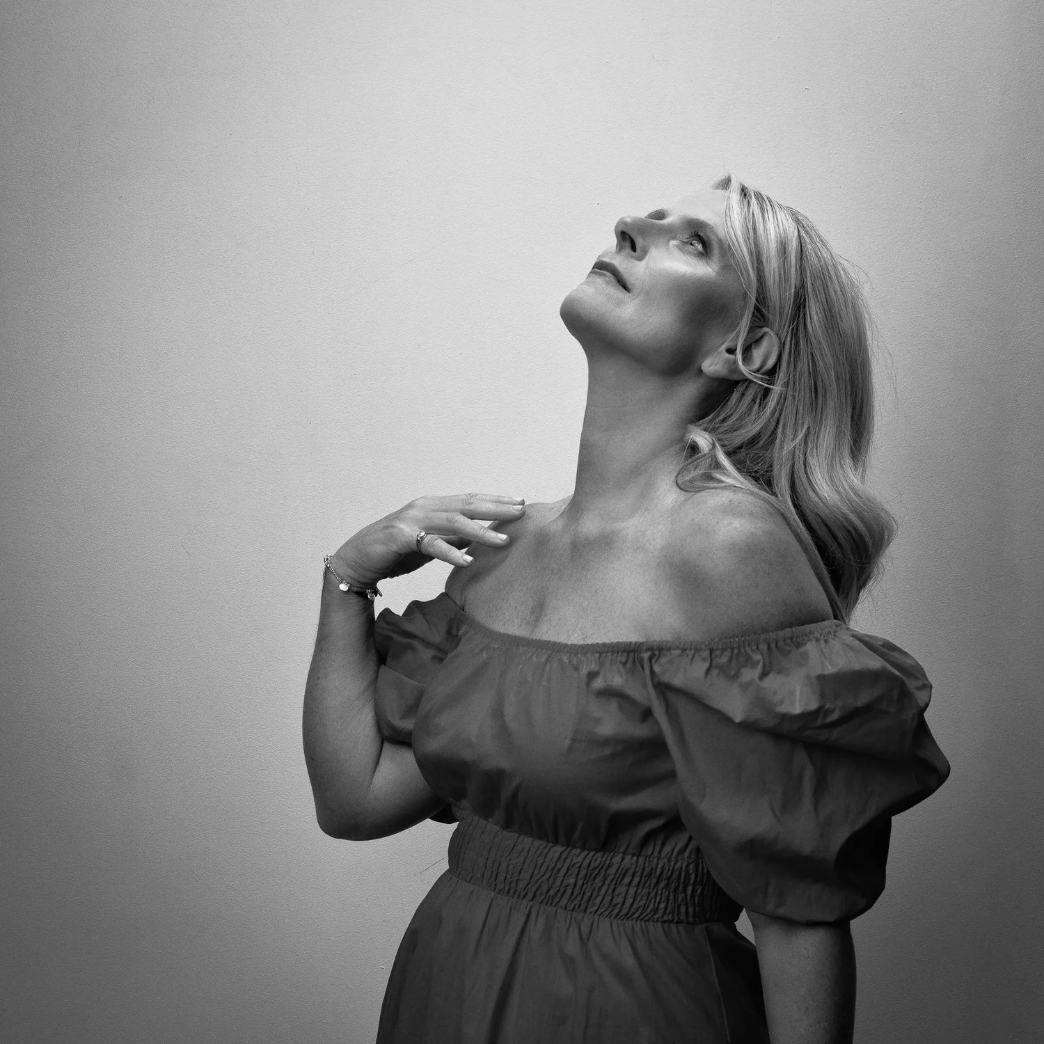 Black and white photo of Ivanka with her head tilted back