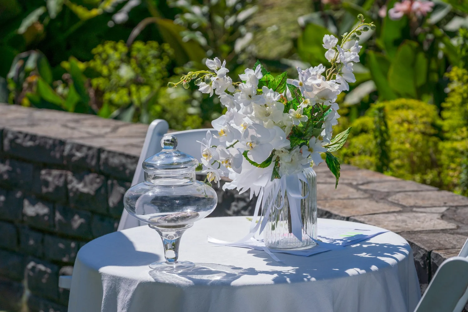The signing table set with white flowers