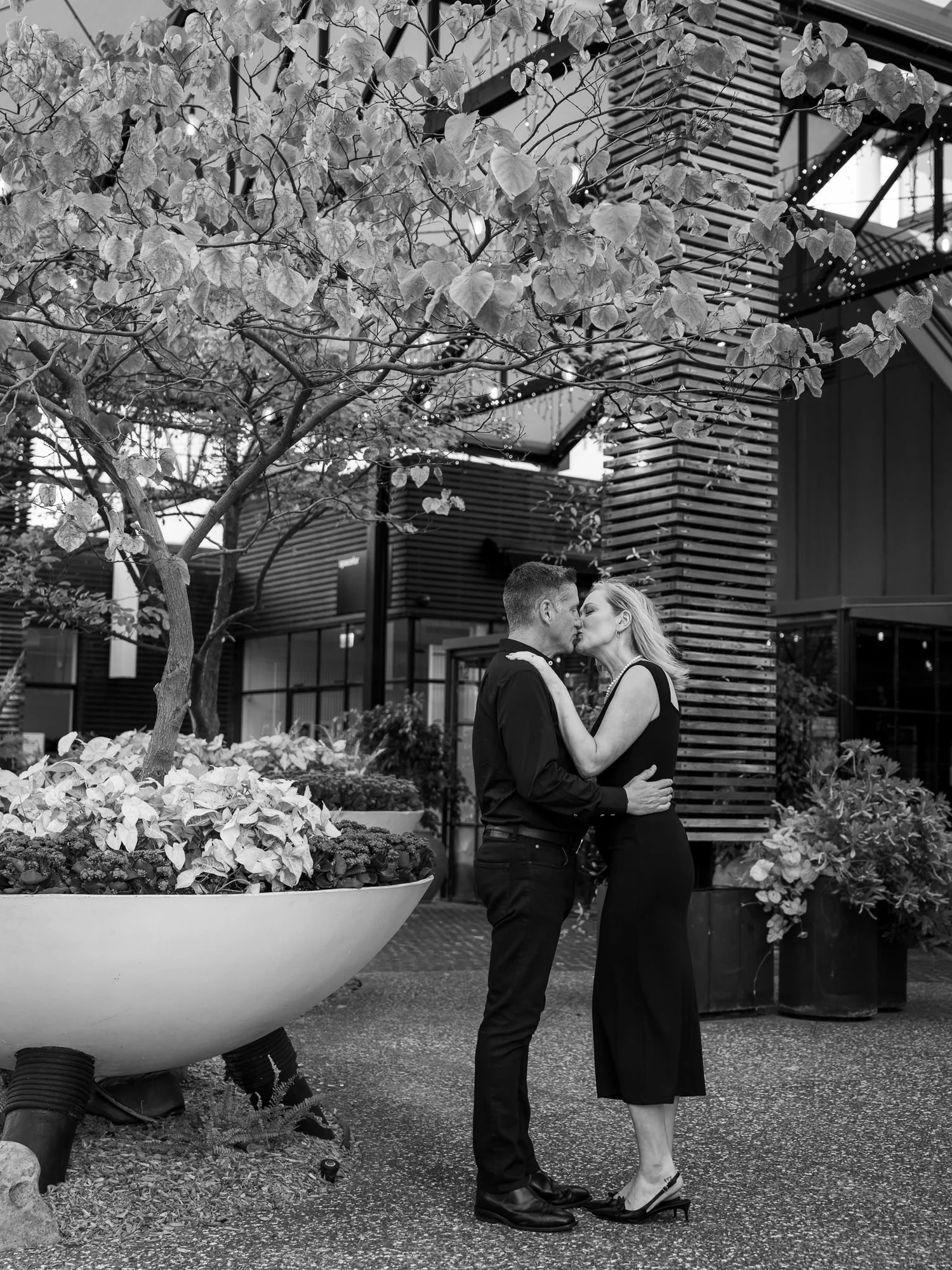 Black and white photo of the couple kissing among the planters