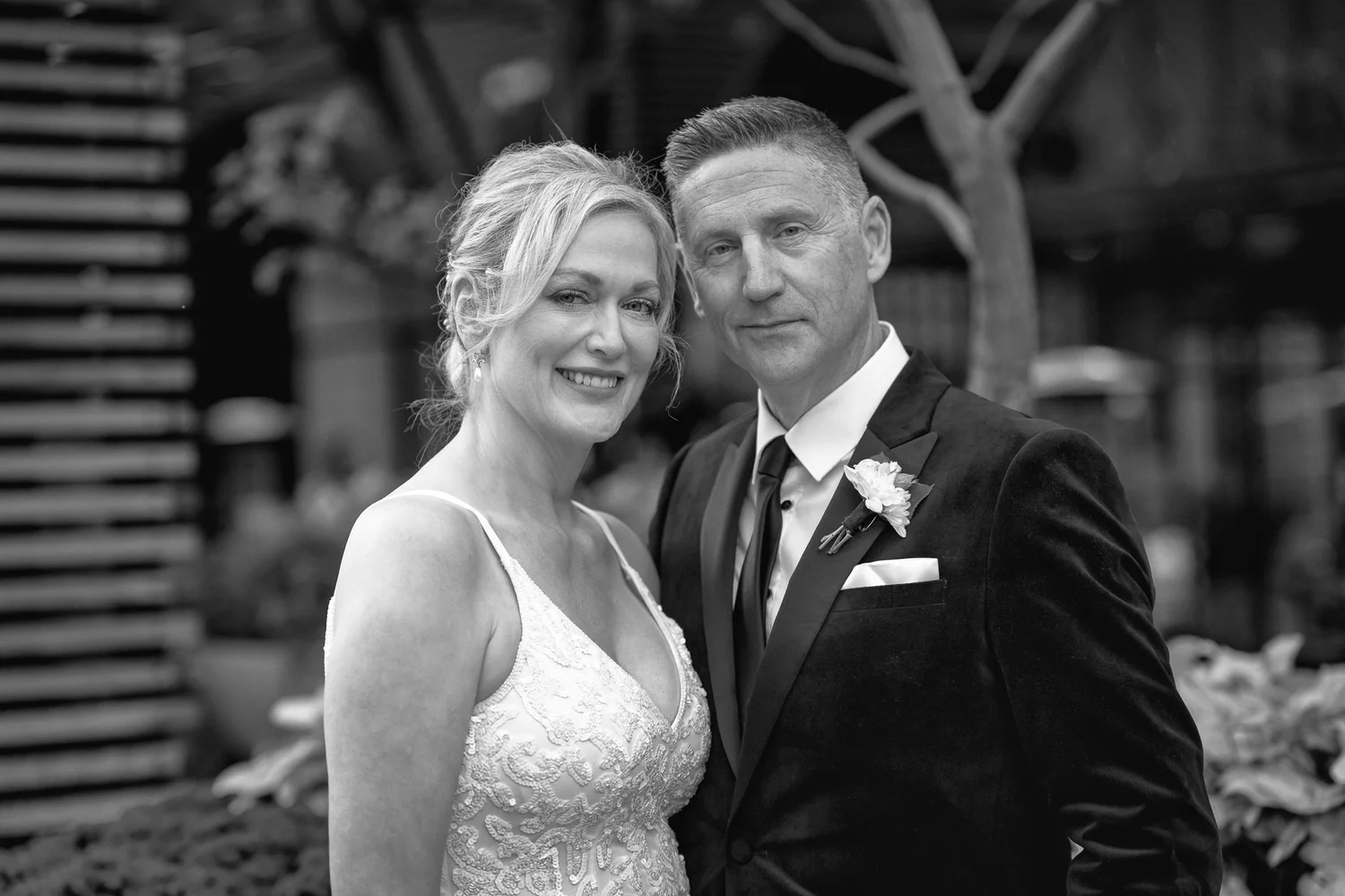 Black and white photo of Shannon and Darren cheek to cheek