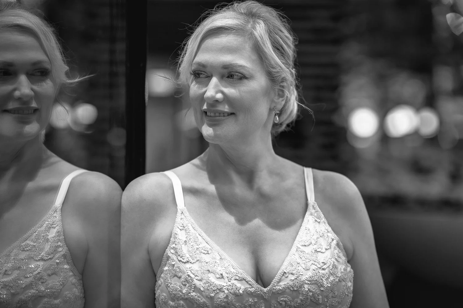 Black and white portrait of Shannon at dusk