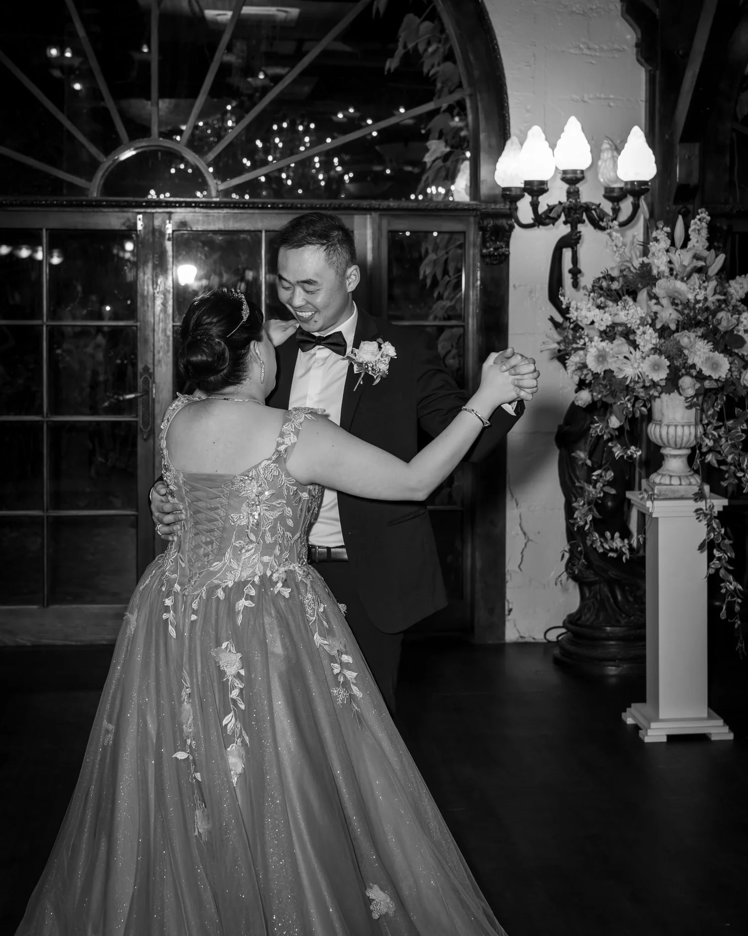 Black and white photo of Stephanie and Jankai dancing