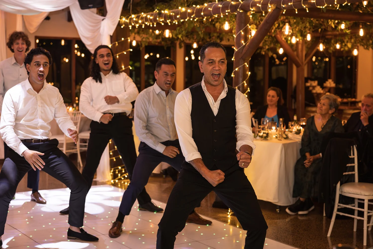 Guests perform a powerful haka on the dance floor