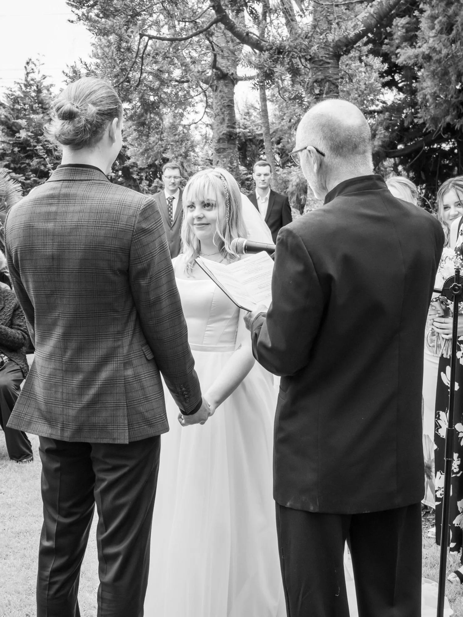Black and white photo of Shannon and Connor during the ceremony