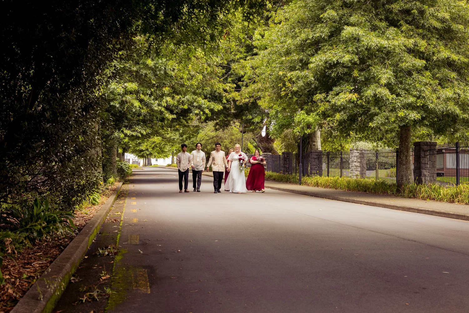 Kirstin, Justin and their bridal party walk down a tree-lined road