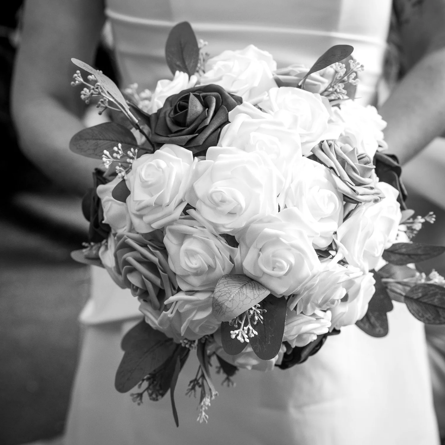 Black and white close-up of Felicity's rose bouquet