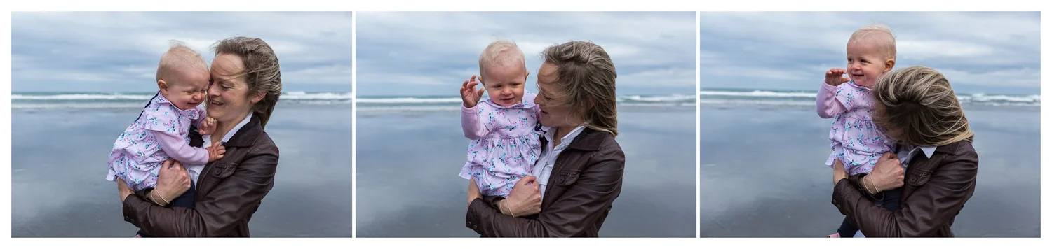 A strip of three photos of a mother holding her baby