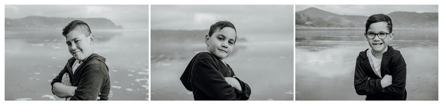 A strip of three black and white beach portraits of a boy