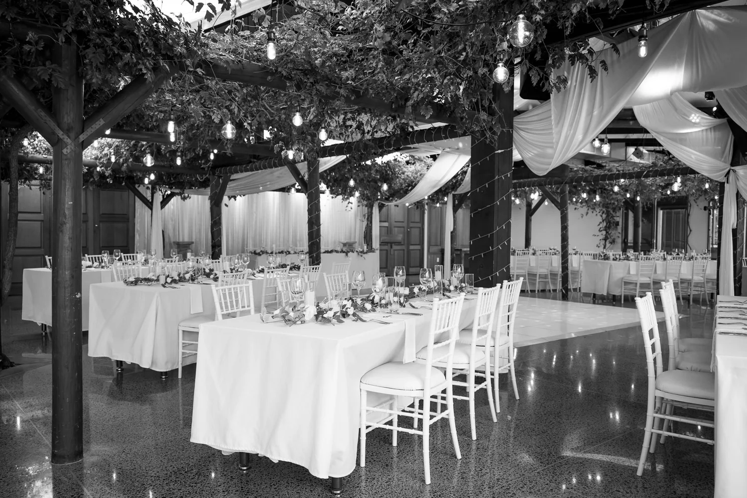 Black and white photo of the empty reception room
