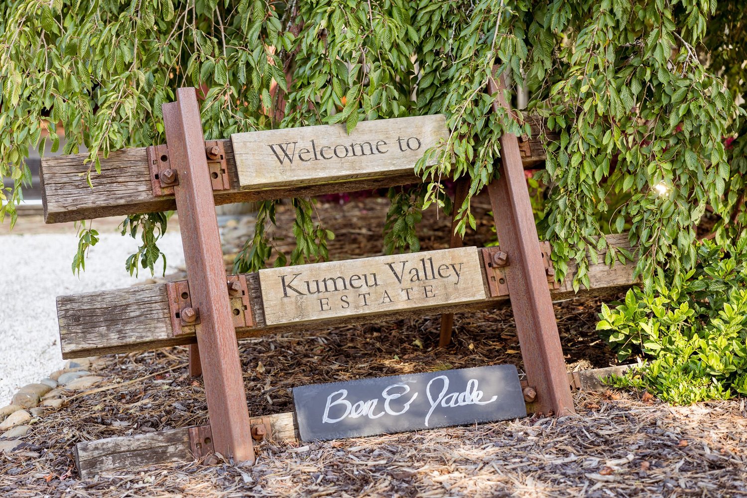 The Kumeu Valley Estate welcome sign with Ben and Jade's names