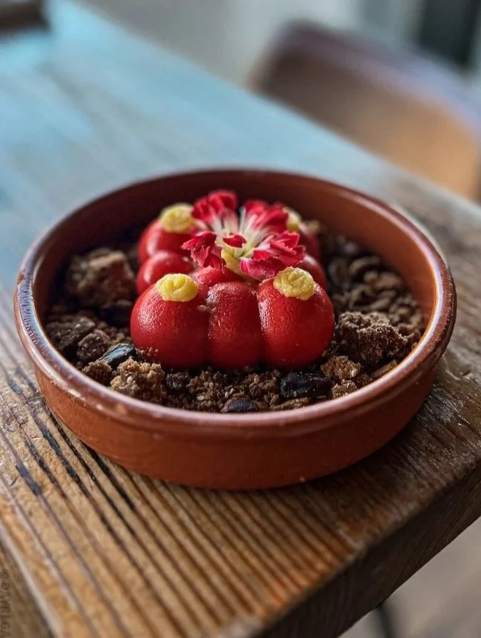 Small terracotta pot containing a decorated dessert with red and yellow toppings resembling a flower, placed on a rustic wooden surface.