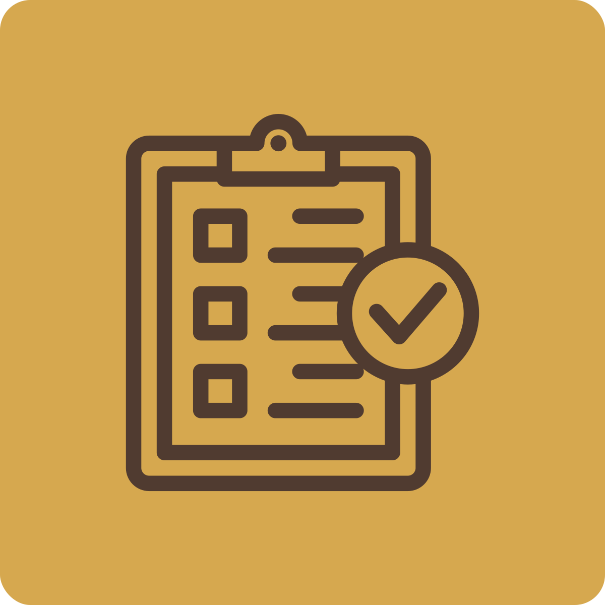 Icon of a clipboard with a checklist and a checkmark inside a circle.