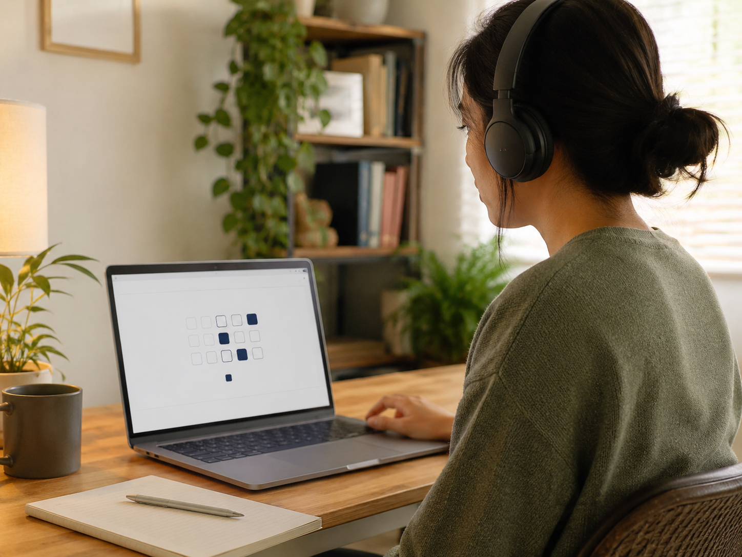 Woman sitting at desk with laptop open and headphones on taking an evaluation