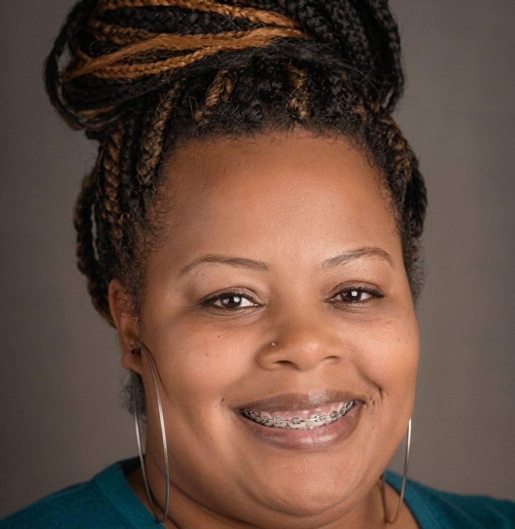Close-up portrait of a woman with styled dreadlocks, large earrings, and braces smiling at the camera.