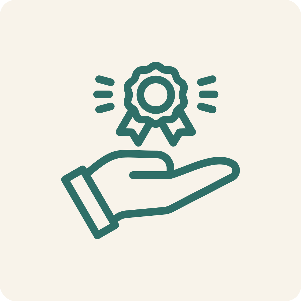 Line drawing of a hand holding a medal or award ribbon, symbolizing achievement or recognition.