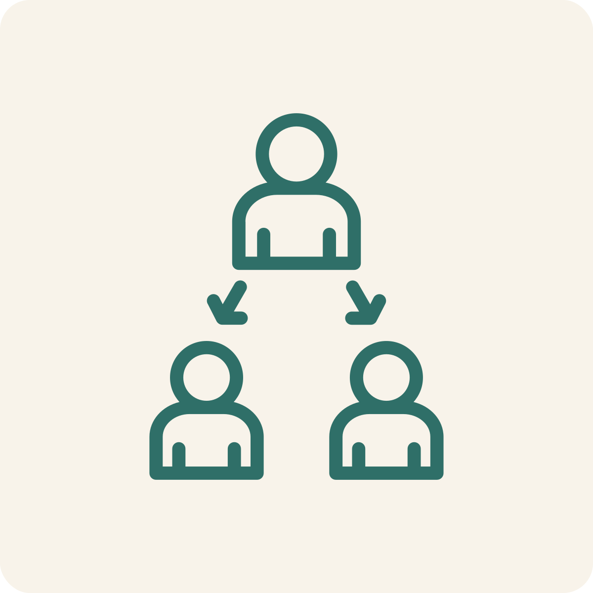 Flowchart showing one person at the top connected to two people below with arrows.