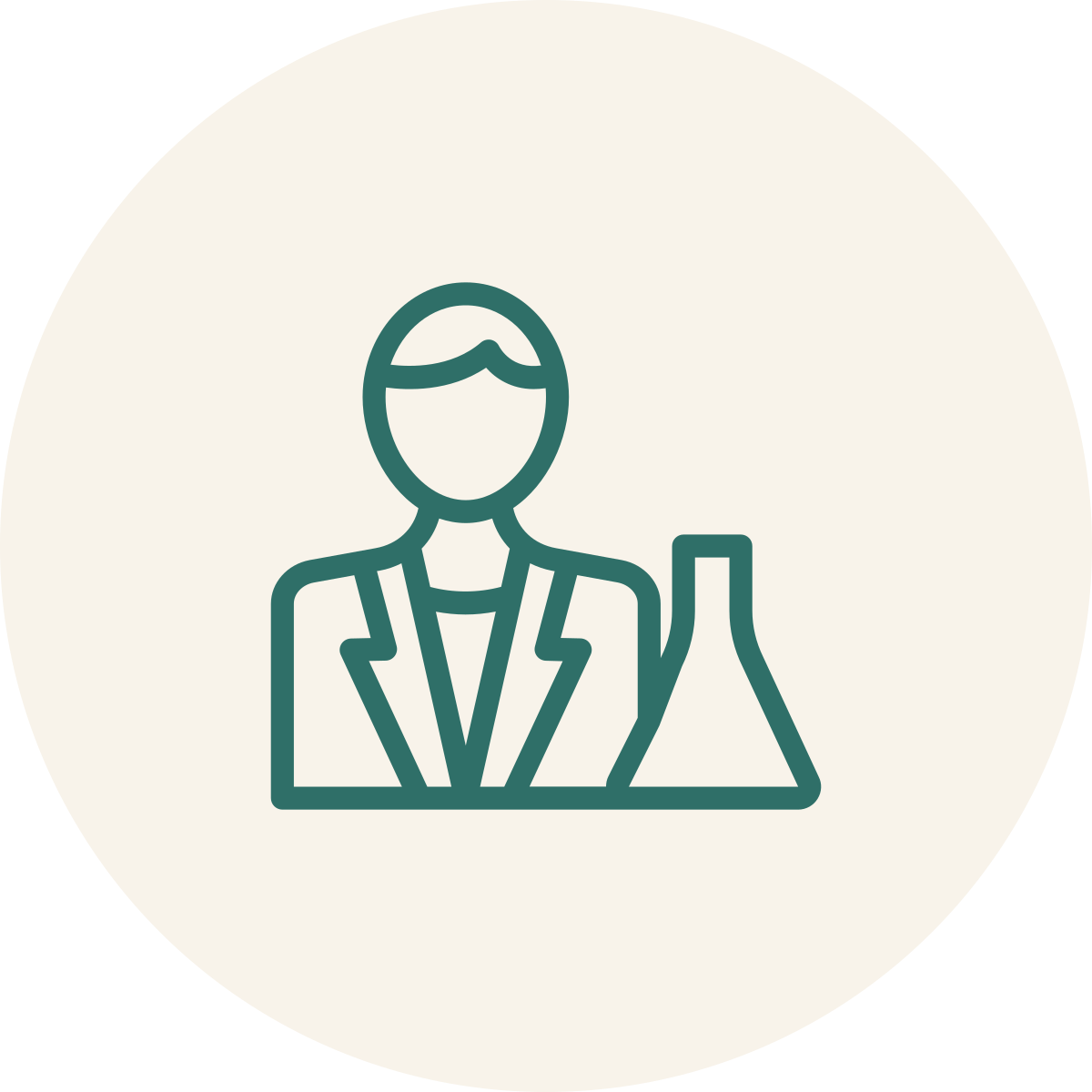 Line drawing of a person in a jacket standing next to a laboratory flask, representing science or chemistry.