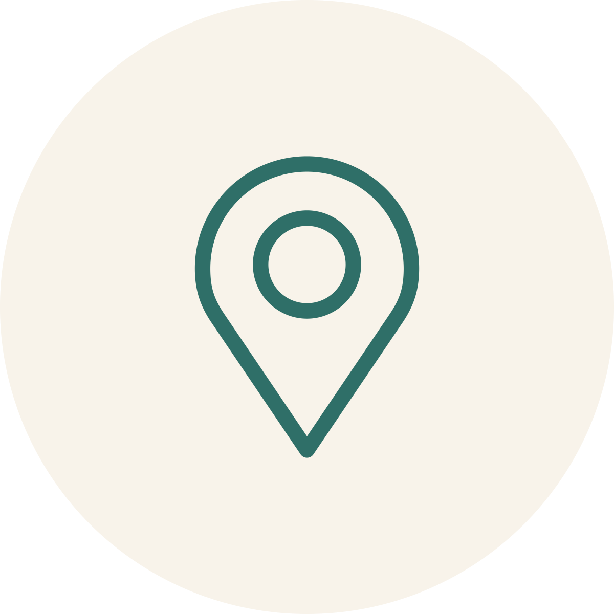 Map location pin icon in dark teal on a light beige circular background.