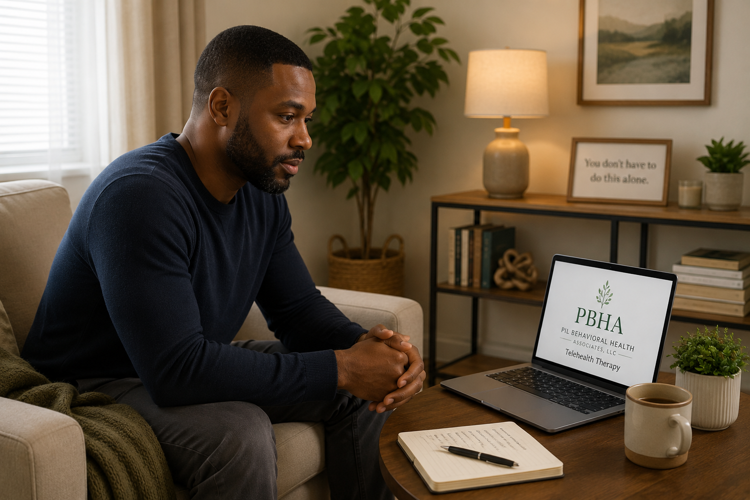A black man sitting on a couch look at a laptop on the table 