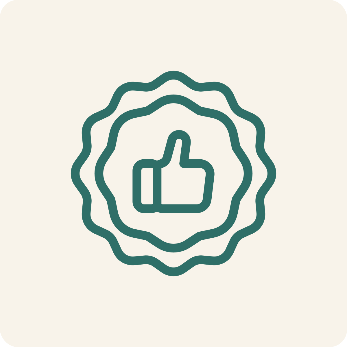 Icon of a thumbs-up surrounded by a decorative circular border.