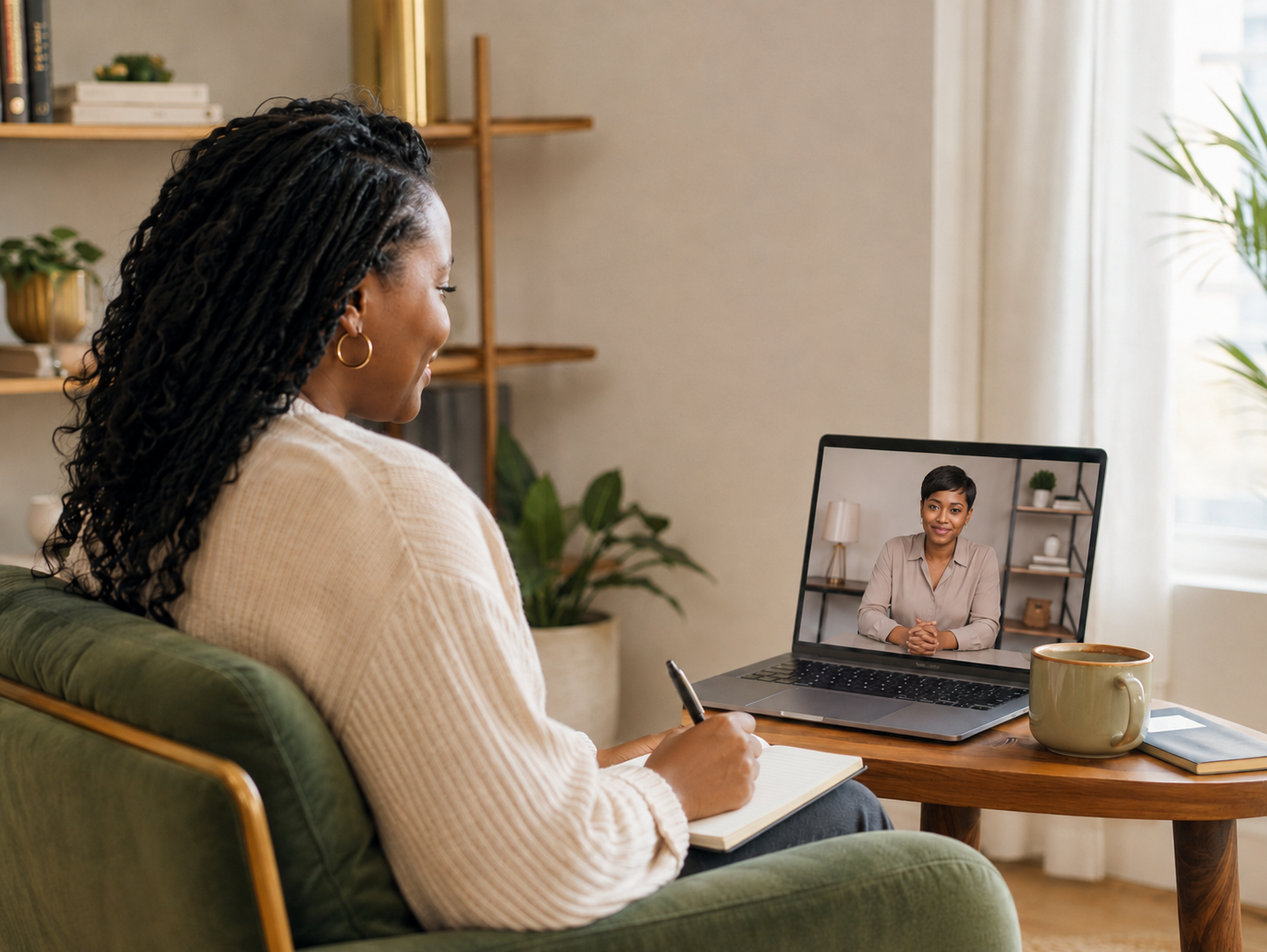 Woman sitting in chair in front of laptop that has a woman on the laptop screen indicating an assessment