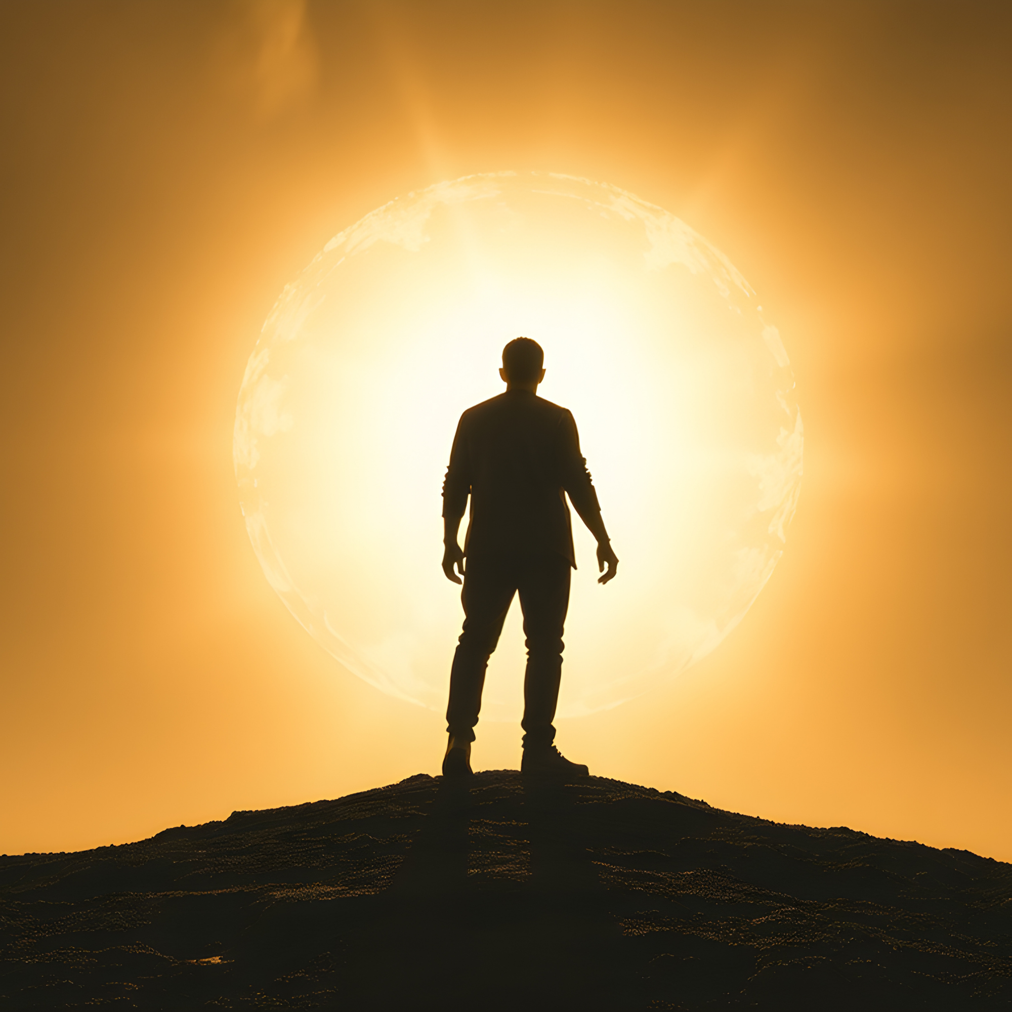 Silhouette of a man standing on a hilltop at sunset, facing a large, glowing sun or possibly a planet, with an orange-yellow sky in the background.