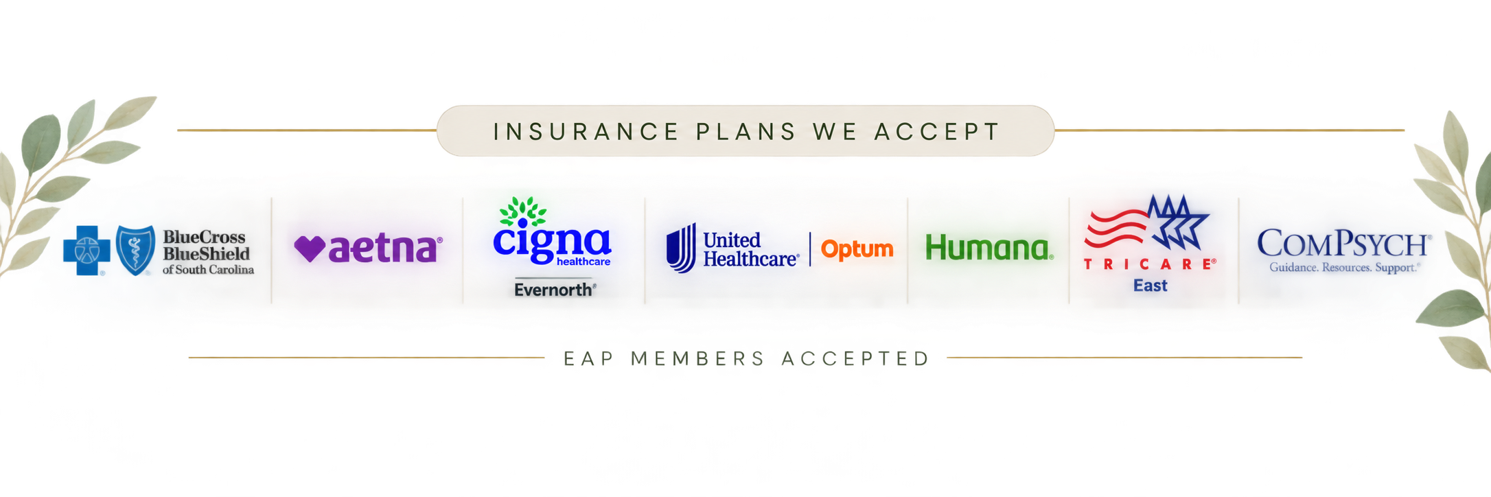 Banner displaying logos of health insurance companies accepted by a provider, including BlueCross BlueShield, Aetna, Cigna, United Healthcare, Optum, Humana, Tricare East, and ComPsych.