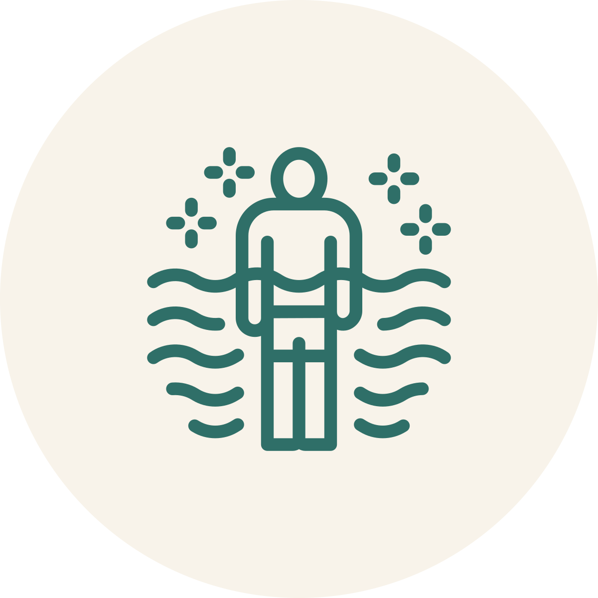 Line drawing of a person relaxing in a hot spring bath with steam and bubbles.