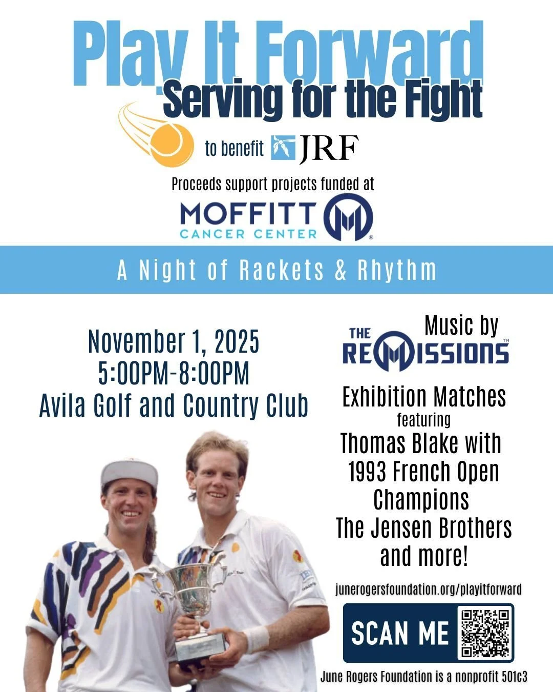 We told you we would be full of surprises.  The 1993 French Open Champions, The Jensen Brothers will be Serving for the Fight with us at our Play It Forward.  Don't miss out on a chance to grab your courtside seats.  They are almost sold out! 

Visit
