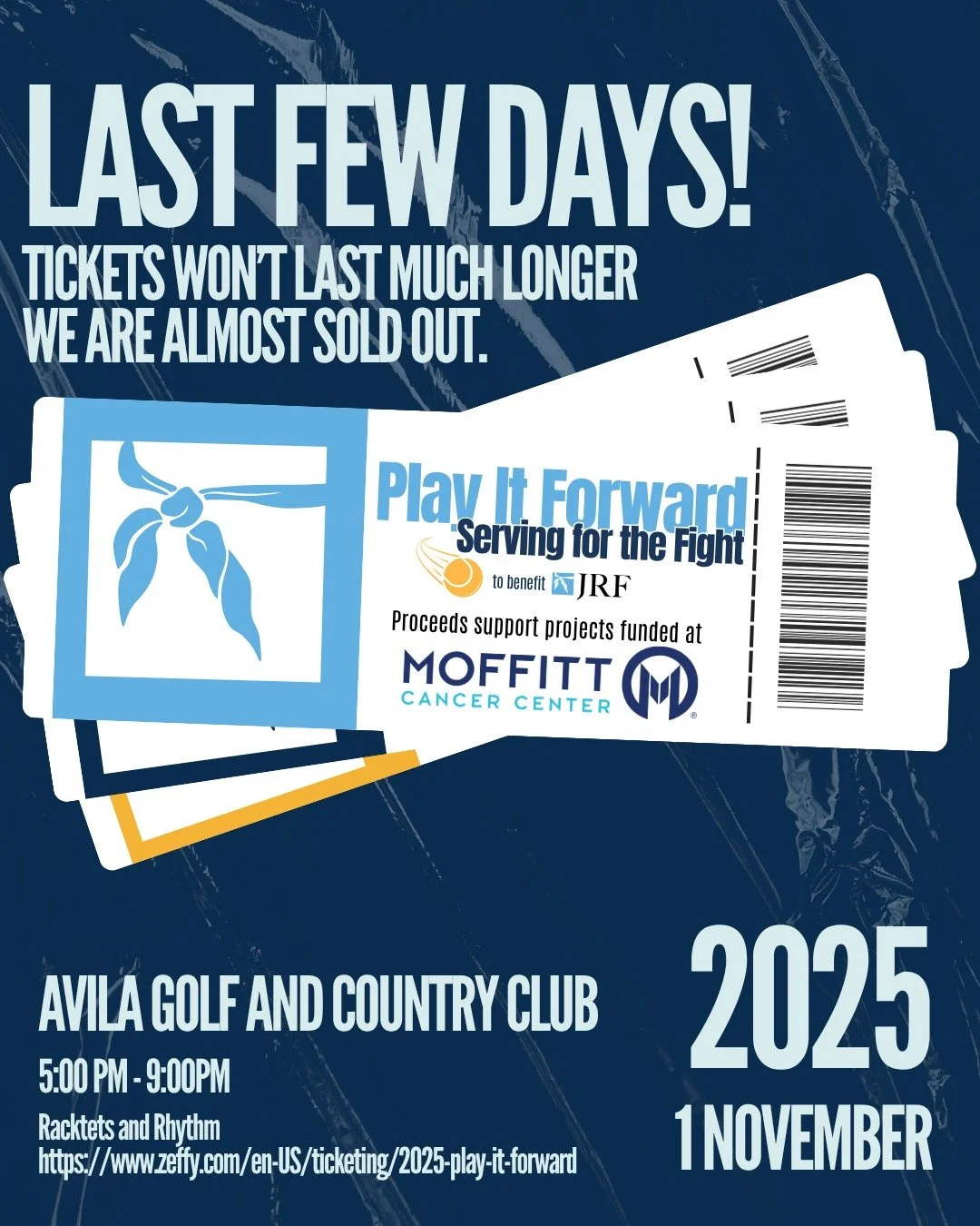 We are close to having to close ticket sales early due to filling up the bleachers! What an amazing response we have had! Grab your tickets soon. Don't wait or you may miss this one-of-a-kind event! Rackets and Rhythm!

https://www.zeffy.com/en-US/ti