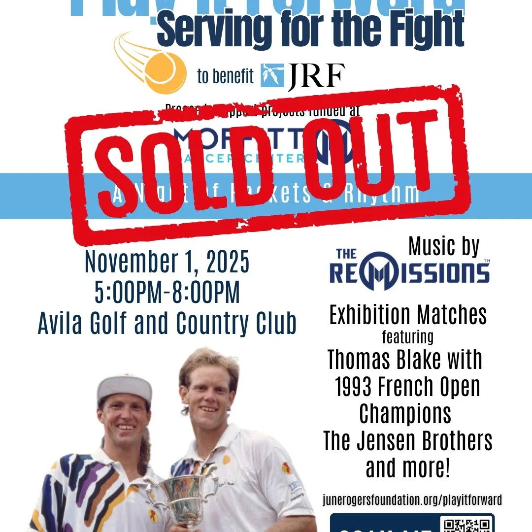 WOW! Thanks for the amazing response and support of our Play It Forward! We have reached capacity! What an incredible problem to have. We look forward to spending an evening of Rackets and Rythm - Serving for the Fight!

If you missed your chance to 