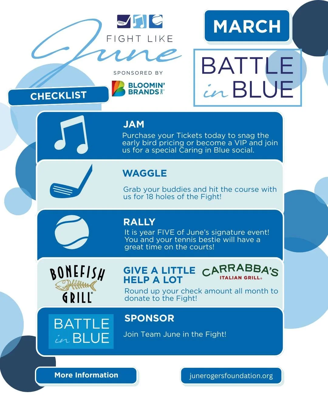 March is Colorectal Cancer Awareness month and we are gearing up for the Fight! Join each Battle in March and make a difference!  We can't wait to fight with you!

#fightlikejune
https://junerogersfoundation.my.canva.site/