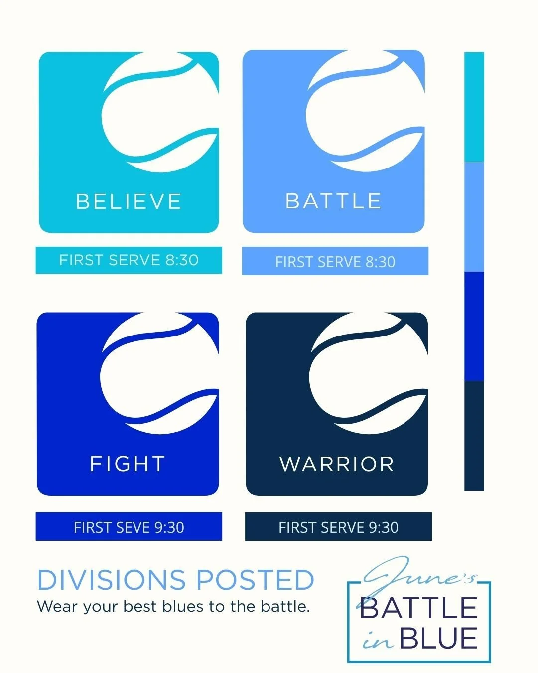Battle in Blue Rally divisions are posted on the event site.  We can't wait to see you in your best blues! We look forward to celebrating our 5th year  of tennis with you. 

https://junerogersfoundation.my.canva.site/rally