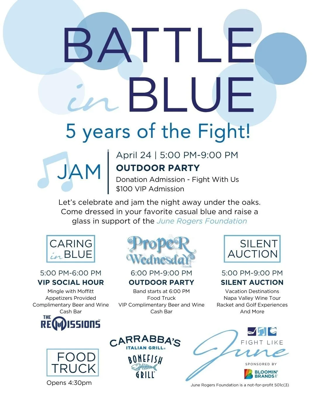 Join us Friday night at River Hills Country Club as we celebrate 5 years of the Fight against colorectal cancer.  Come dressed in your Blues, ready to Battle and Jam the night away! Carrabba's and Bonefish food trucks will be serving up some deliciou