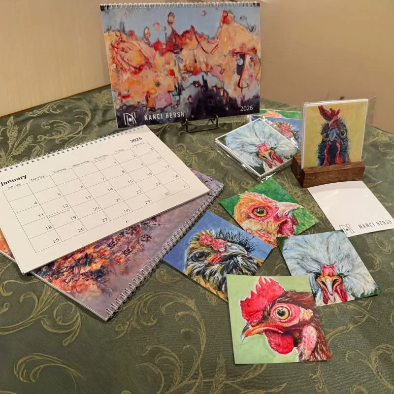 🎉 Cluckin' Exciting News! 🎉 I've got some egg-cellent new goodies to share at this year's Artists of Landenberg Studio Tour 🎨🐓! 🤣 Fresh notecards featuring my neighbor's chickens looking like they're ready for a party 🎉 and 2026 calendars that'