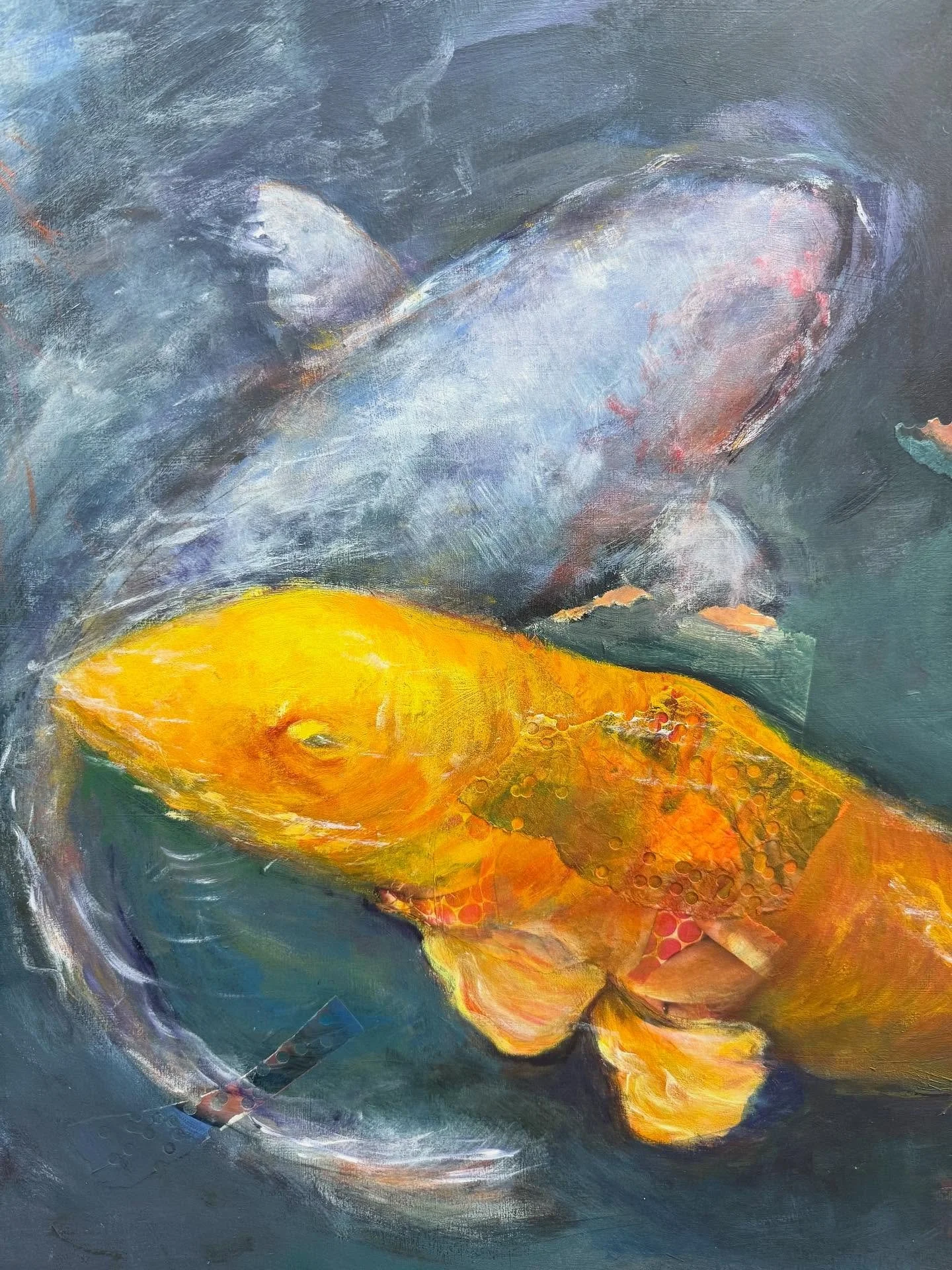 I do love works on paper and working on paper. From my drawers- Big Fish, Little Pond, 30x44”. This large mixed media piece celebrates pond life & these two big beauties who live in my pond and continue to inspire and bring a smile to every