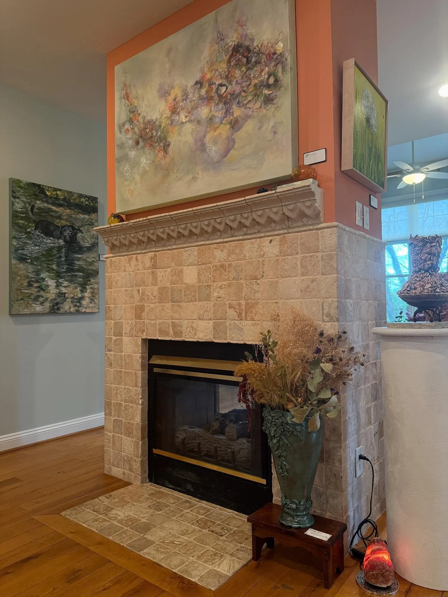 A shot from Studio 6 @artistsoflandenbergstudiotour-Wahine, vertical painting of my beloved Dini on left, Bouquet 2 over fireplace and sculptural vase by @zufeltdesigns. 
*
*
*
#studiotour #artistsoflandenbergstudiotour2025 #contemporaryartcollectors