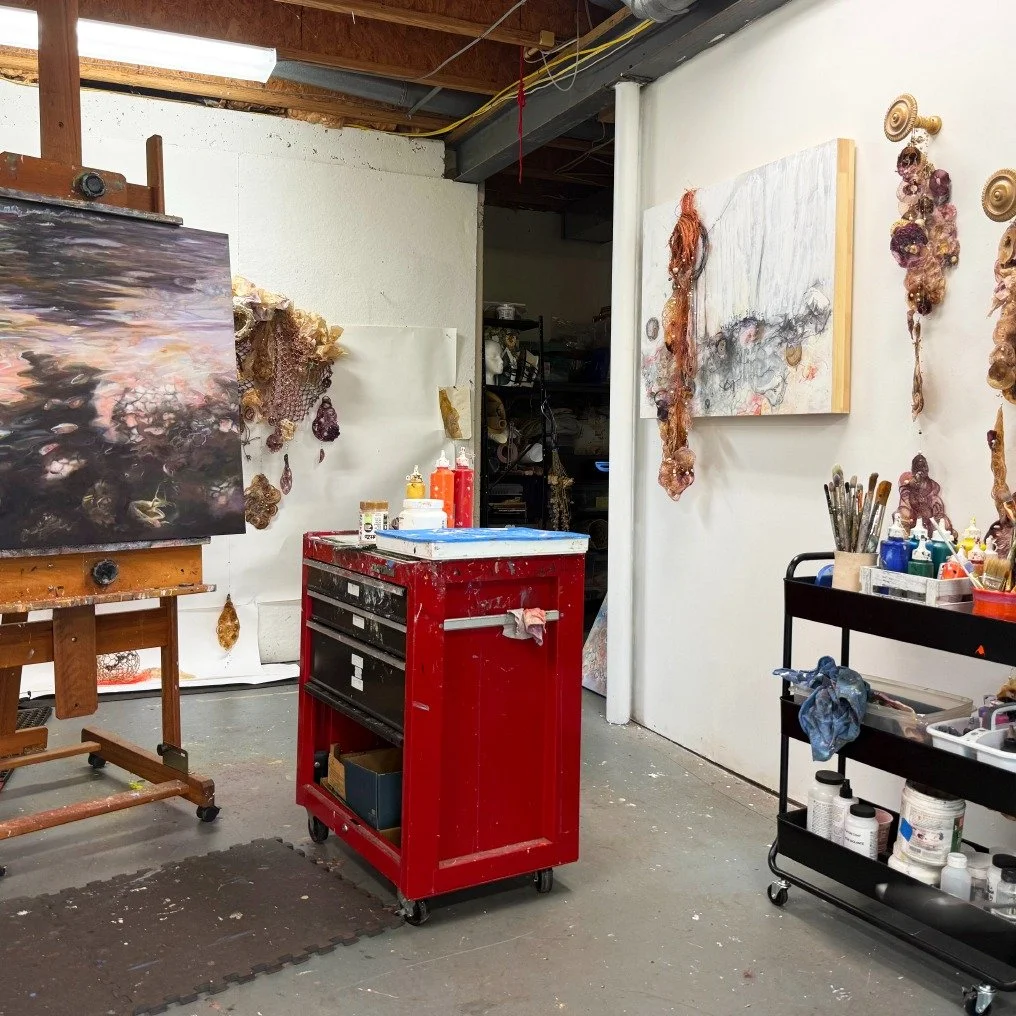 Things have shifted in the studio recently. My table top etching press has found a room of its own and suddenly there's room to think. A new painting (Twilight) on the easel, sculptures on the wall, handmade paper on the patio. 

Several conversation