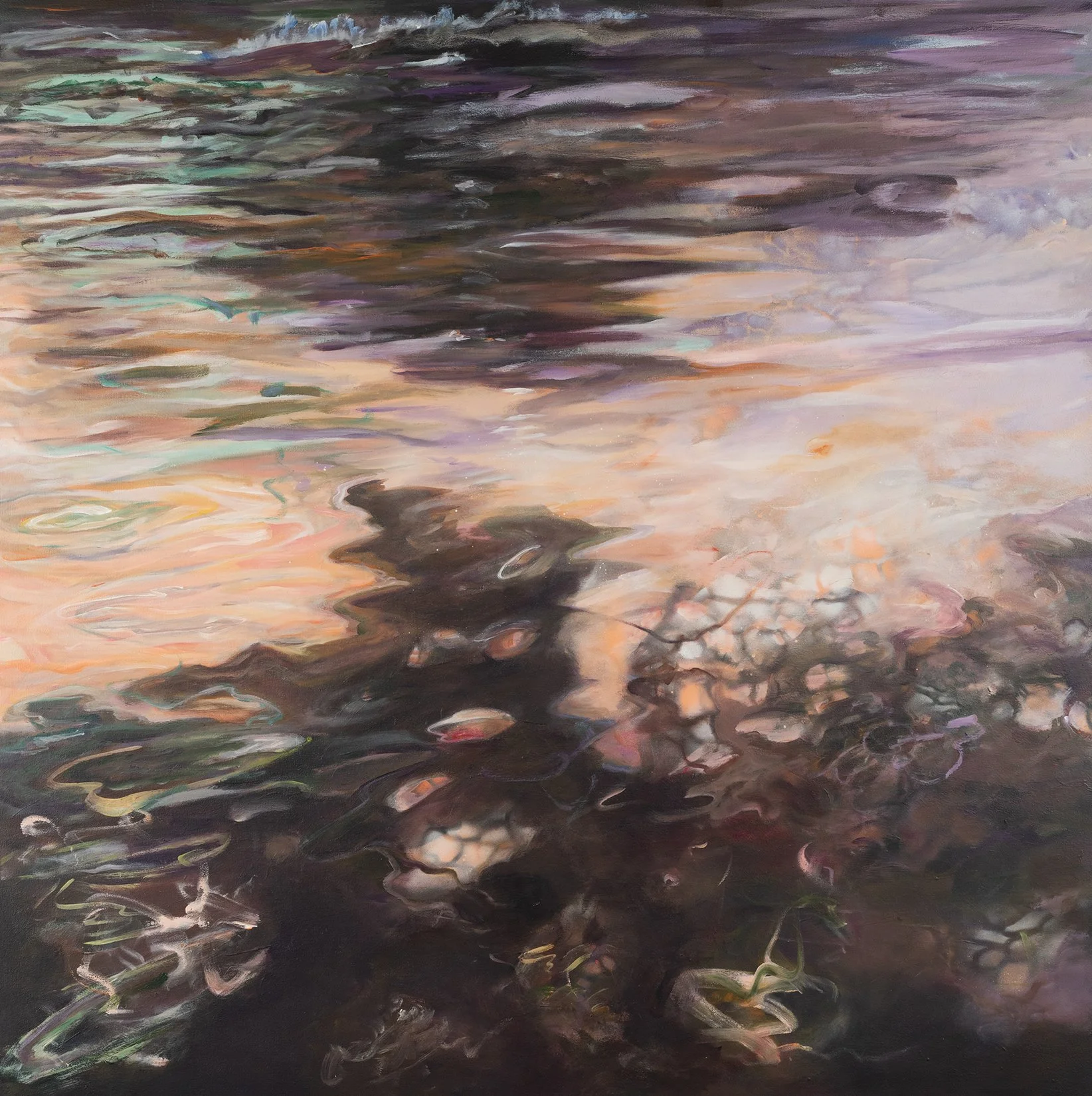 Abstract painting of creek water reflecting sunset light in peach, lavender, and plum tones, acrylic and spray paint on board