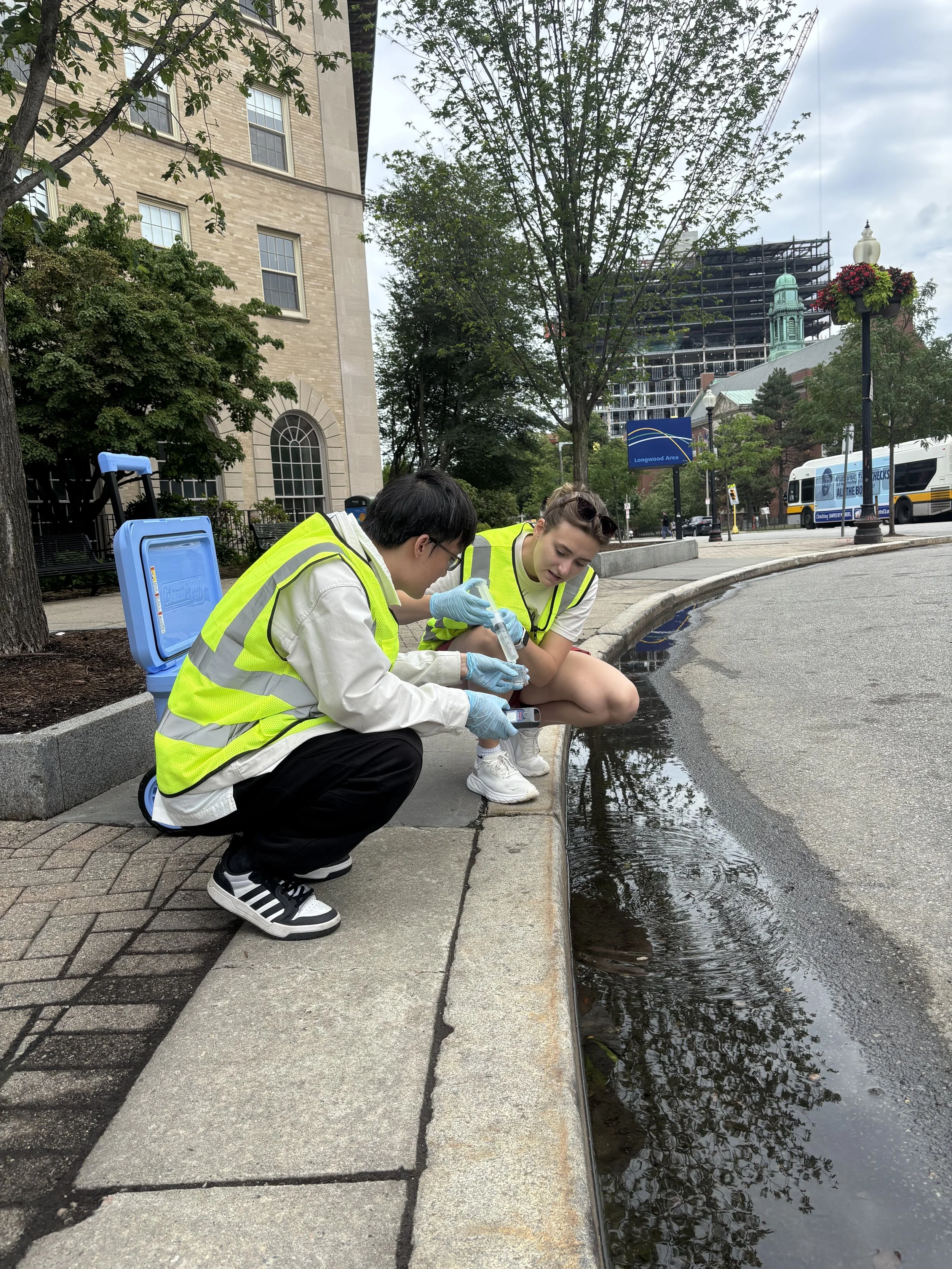 Masters students Liz and Sen collect a sample of stagnant stormwater from a puddle near a bus stop in Boston's Longwood Medical Area during summer 2025.