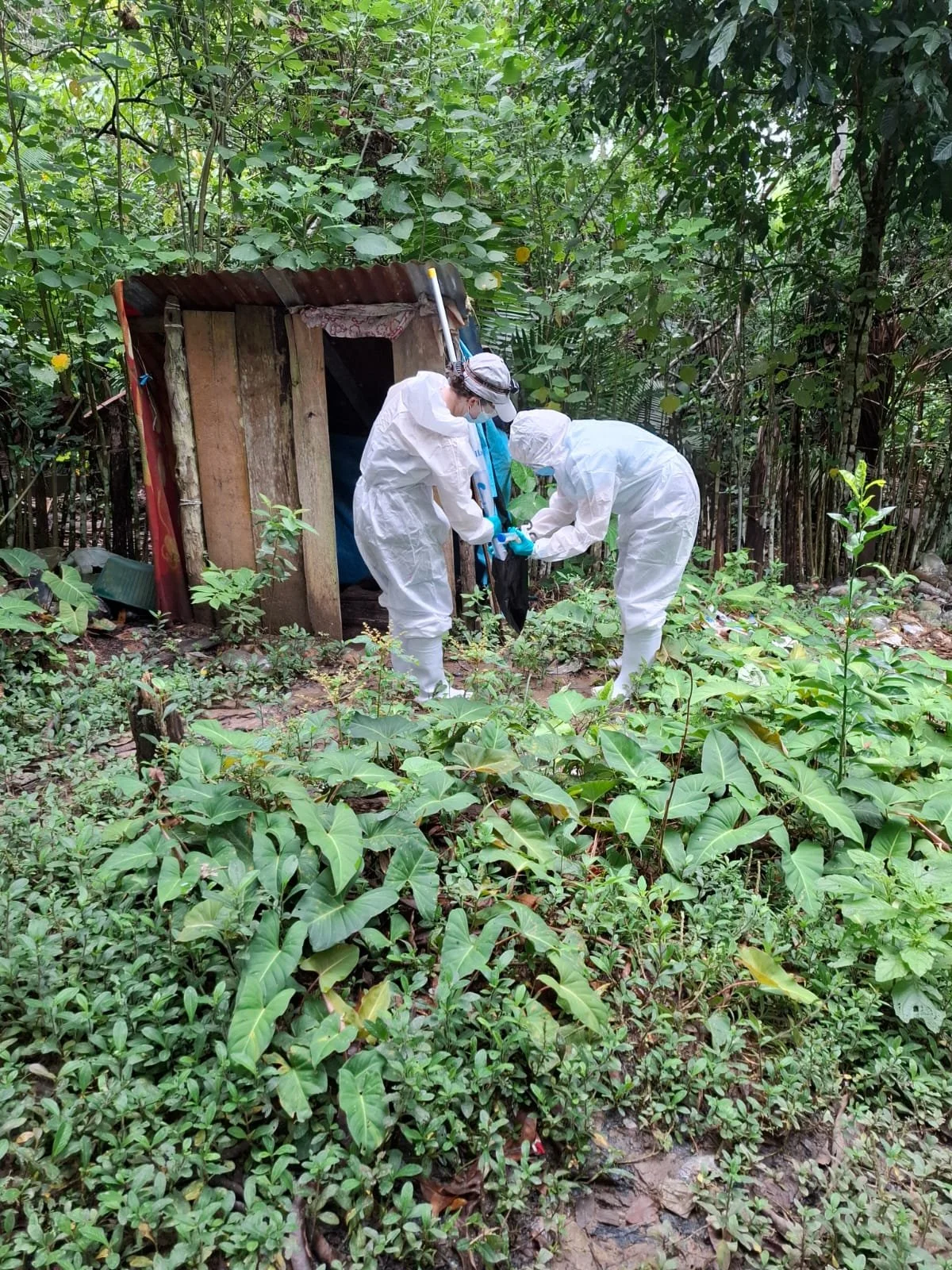 Hannah and Anna sampling a household pit latrine in a community in the Loreto region of Peru in January 2026.