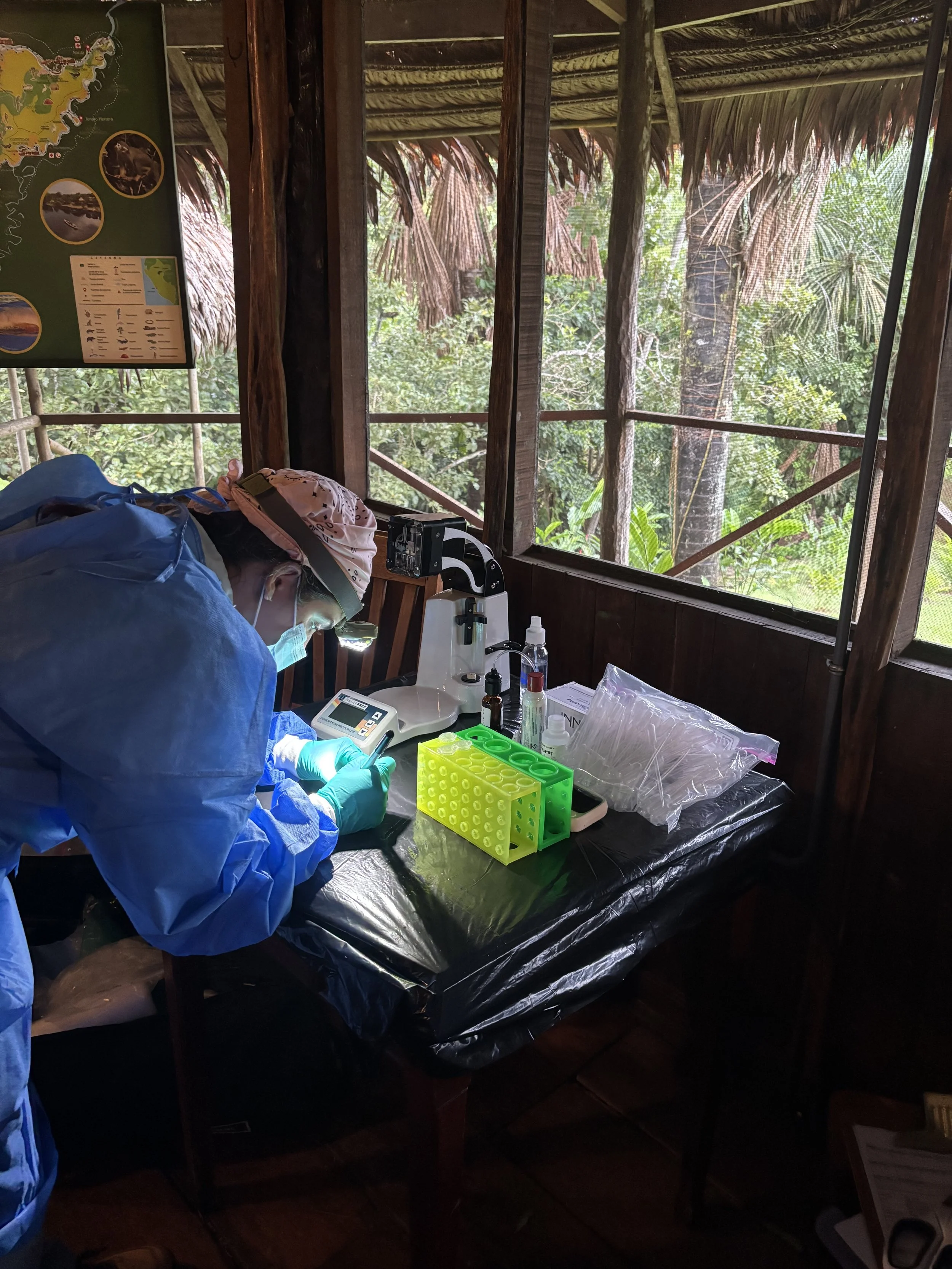 PhD student Anna processes water samples collected from the Amazon River in our lodge, using a filtration device transported from the Healy Lab. 