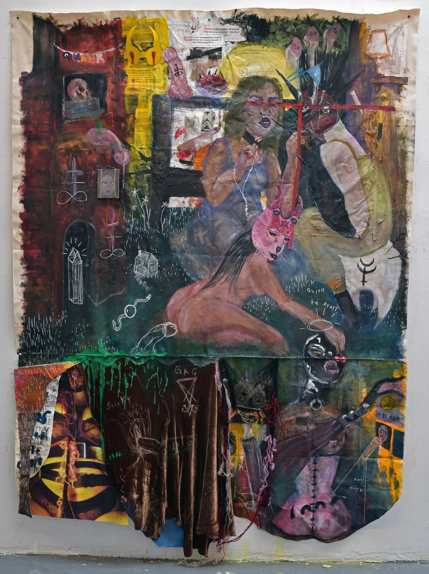 REVELACIONES, 2019
Acrylic, fabric, metal and recycled objects on unstretched canvas
53 x 82 in