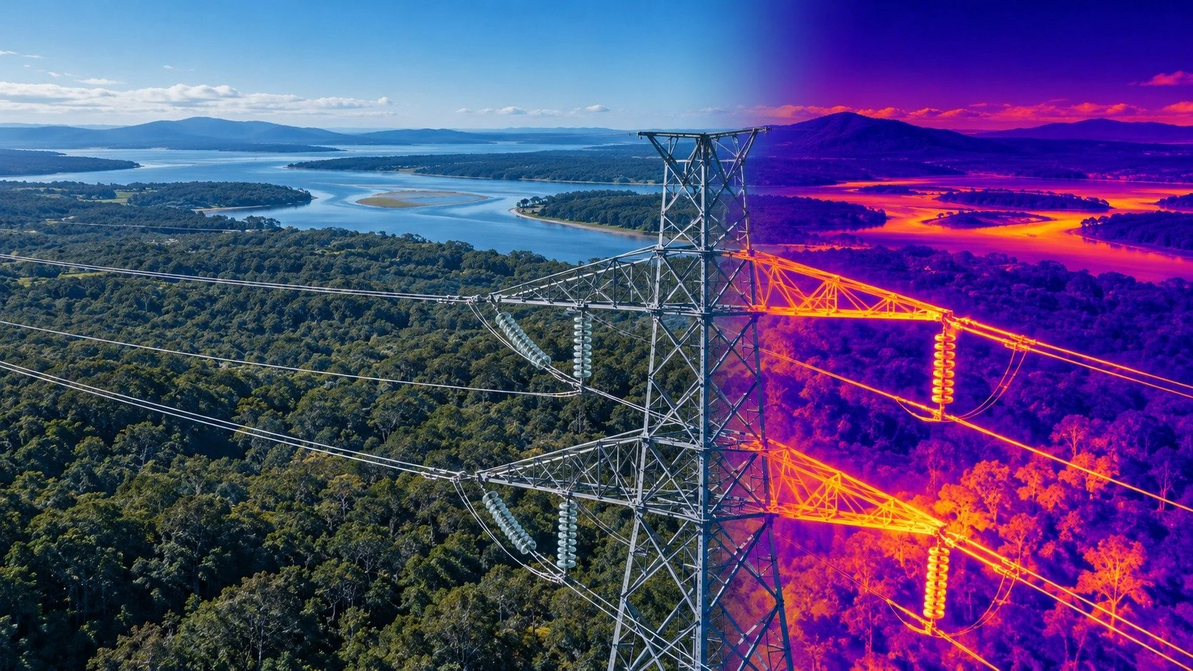 Illustration of a powerline tower transitioning from a normal visual view to a thermal-style view.
