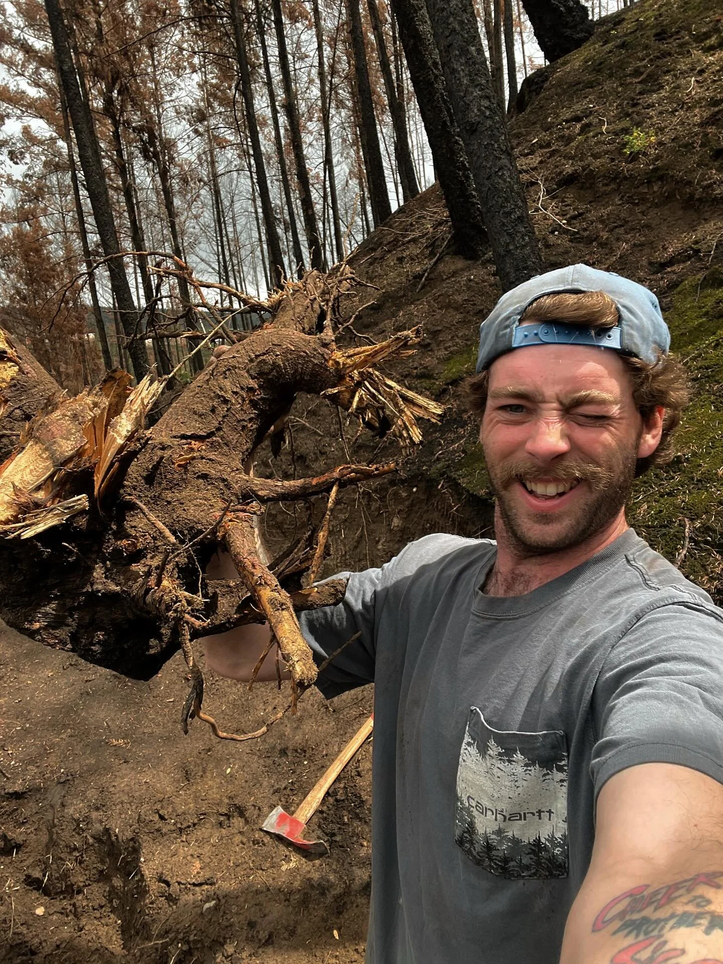 Sometimes after a long hard battle with a stubborn root ball I like to pose with them like they are a trophy fish. 🎣 

#trophyfish #catchandreleaseonly #oddjobsdaily #trailbuilder #earthworks #dig #nodignoride