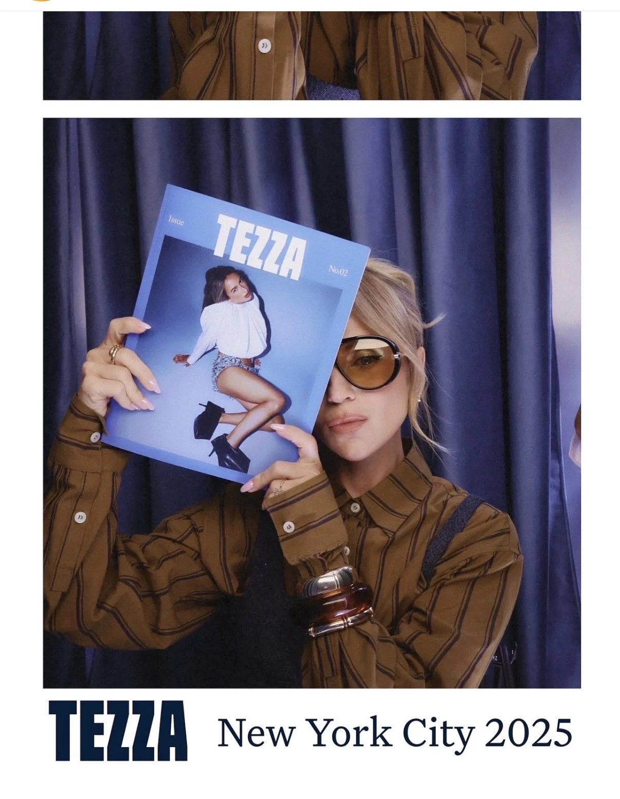 A woman with blonde hair, wearing sunglasses and a brown striped shirt, holding a magazine titled 'TELZA' in front of a dark blue curtain, with the text 'TELZA New York City 2025' at the bottom.